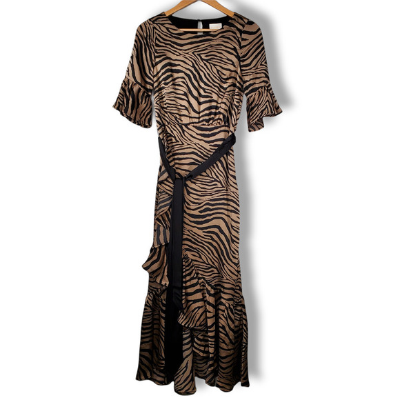 Foxiedox Assymetric Billie Zebra Print Ruffle Dress Tan Black Size Small - Picture 1 of 9